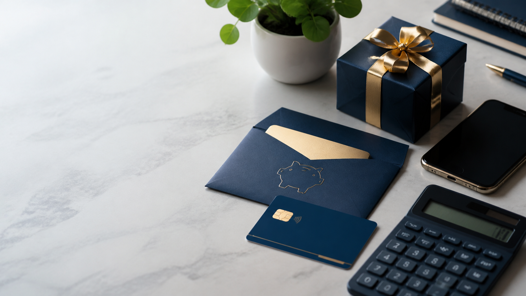 Bank bonuses concept with gift box, bank card, savings envelope and calculator