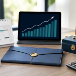 CD rates concept with calendar, locked savings box, calculator and growth chart