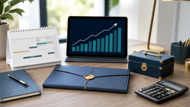 CD rates concept with calendar, locked savings box, calculator and growth chart