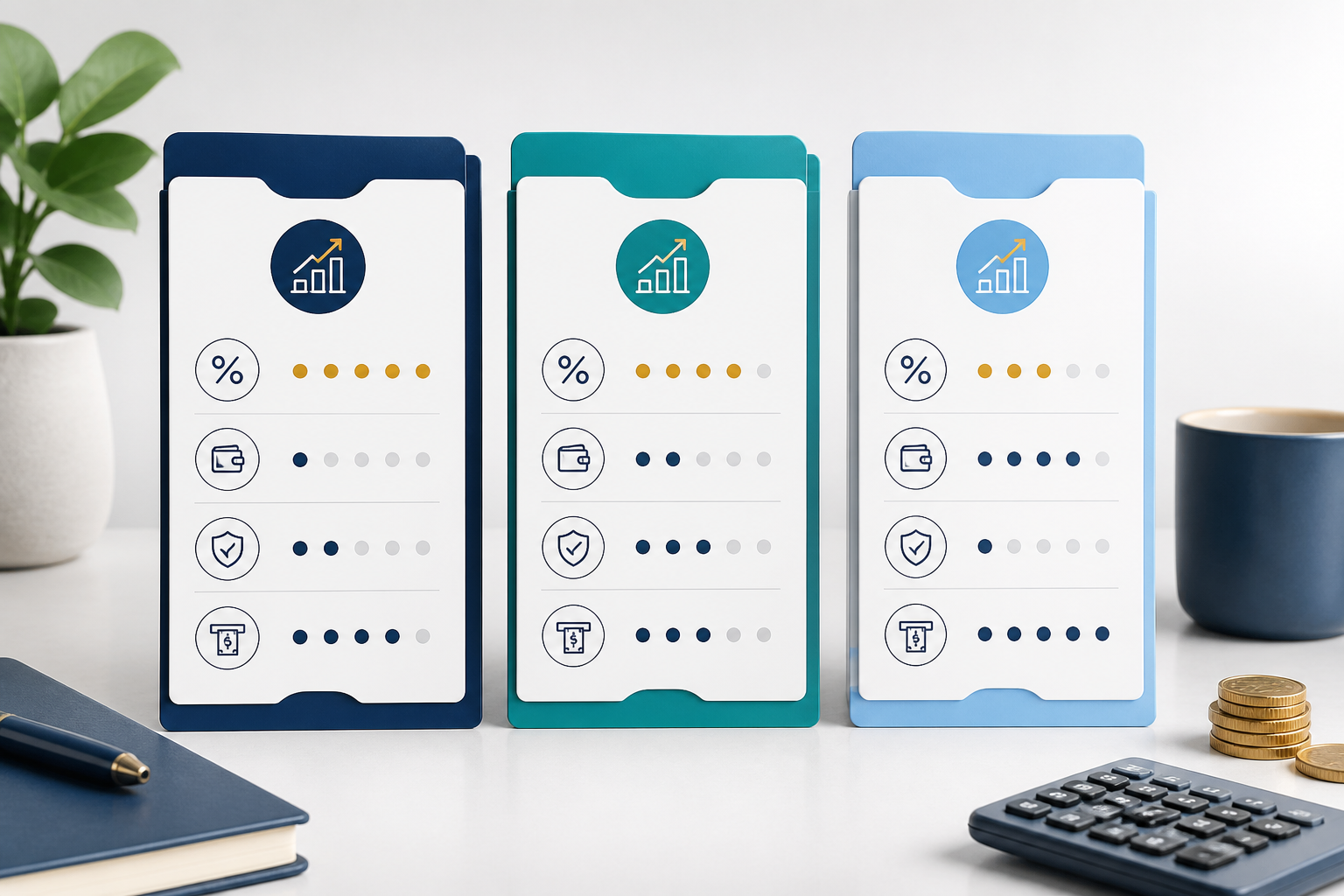 Three account comparison cards illustrating APY, fees, insurance, and access
