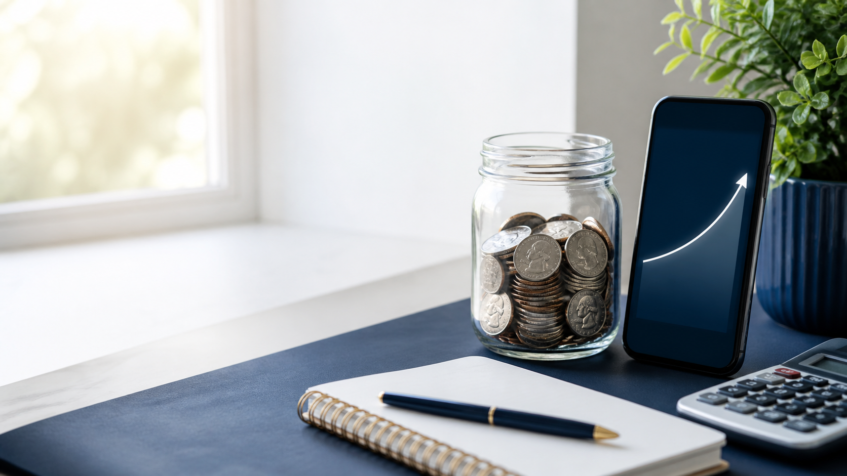 Savings jar, smartphone growth chart, notebook, and calculator representing a high-yield savings account