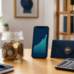 Savings account rates concept with savings jar, growth chart, calculator and emergency fund envelope