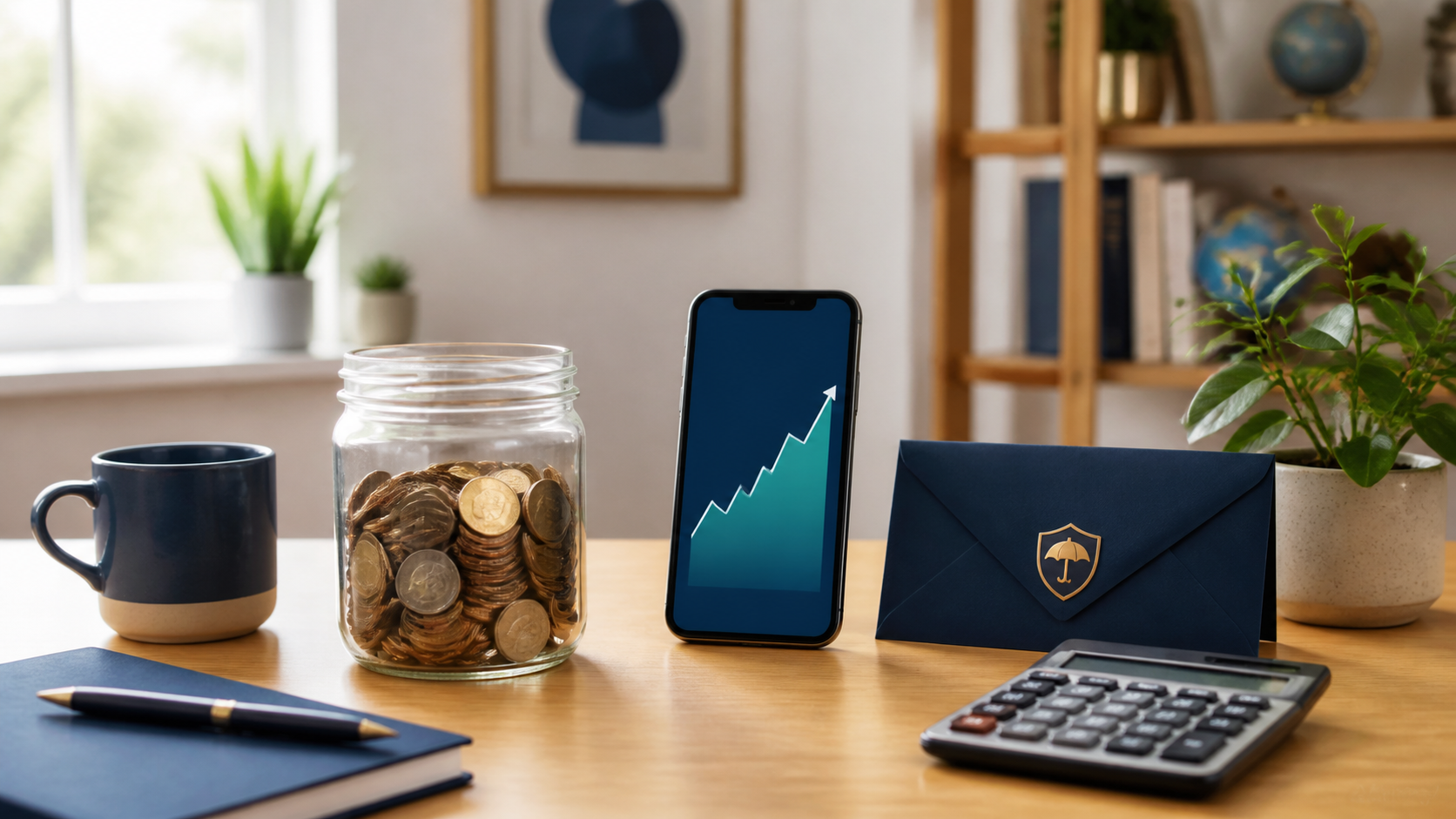 Savings account rates concept with savings jar, growth chart, calculator and emergency fund envelope