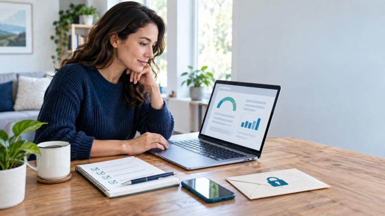 AnnualCreditReport guide: person safely reviewing a free credit report on a laptop