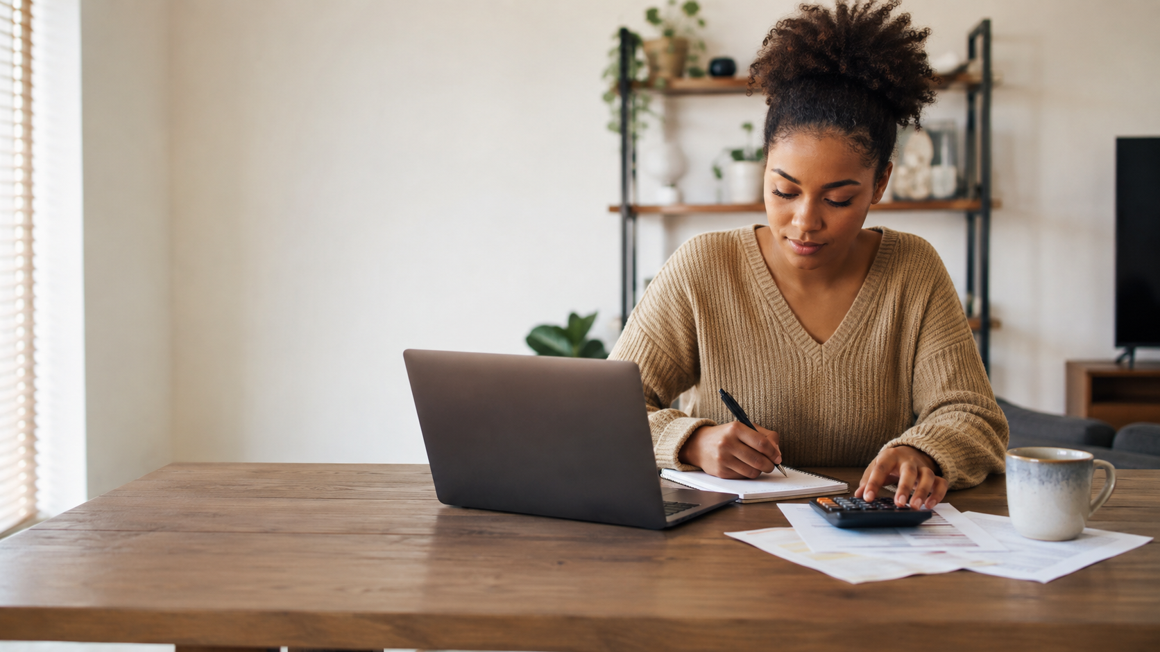 Beginner creating a monthly budget with a laptop and calculator