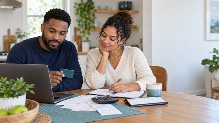 Couple reviewing their shared checking account budget at home
