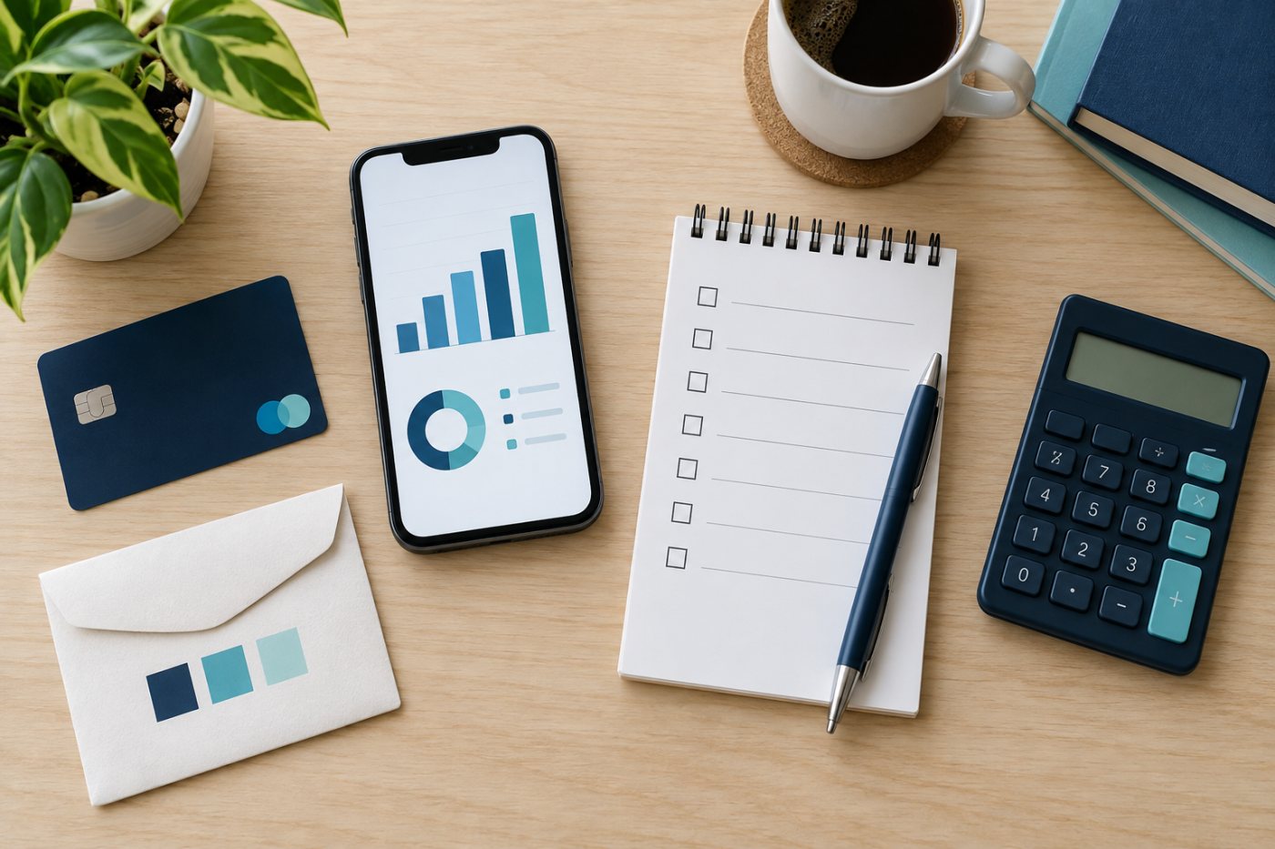 Checking account comparison checklist with debit card, phone, notebook, and calculator