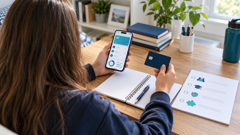 Teen reviewing a checking account on a smartphone with an unbranded debit card at a study desk