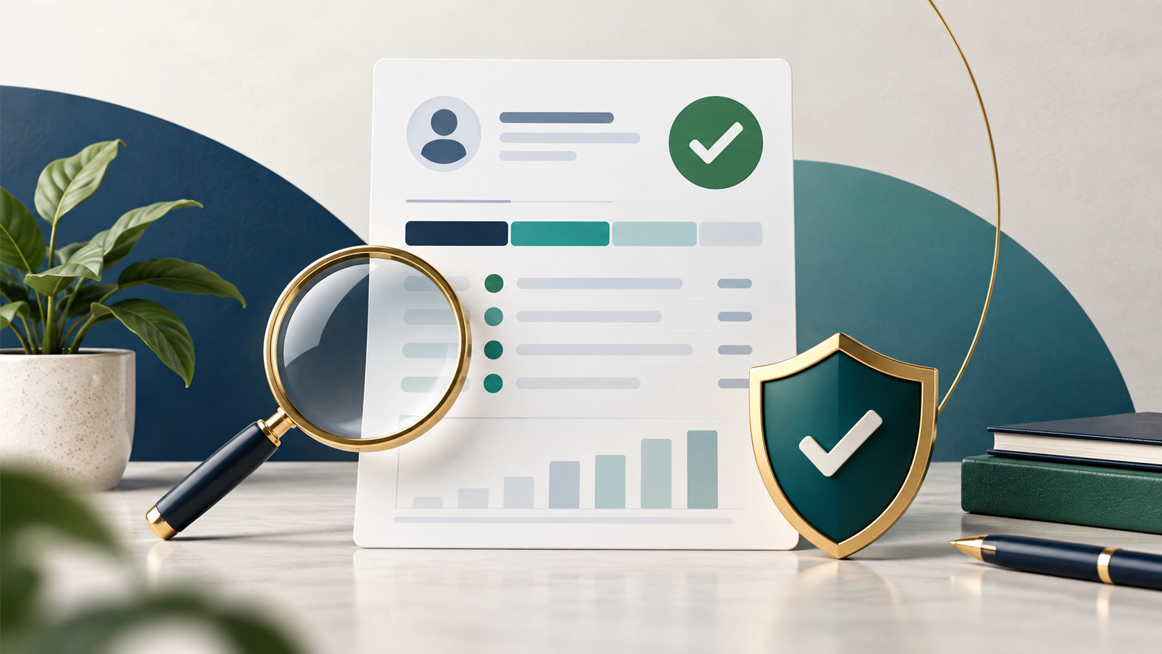 Illustration of a reviewed credit report with a verification checkmark