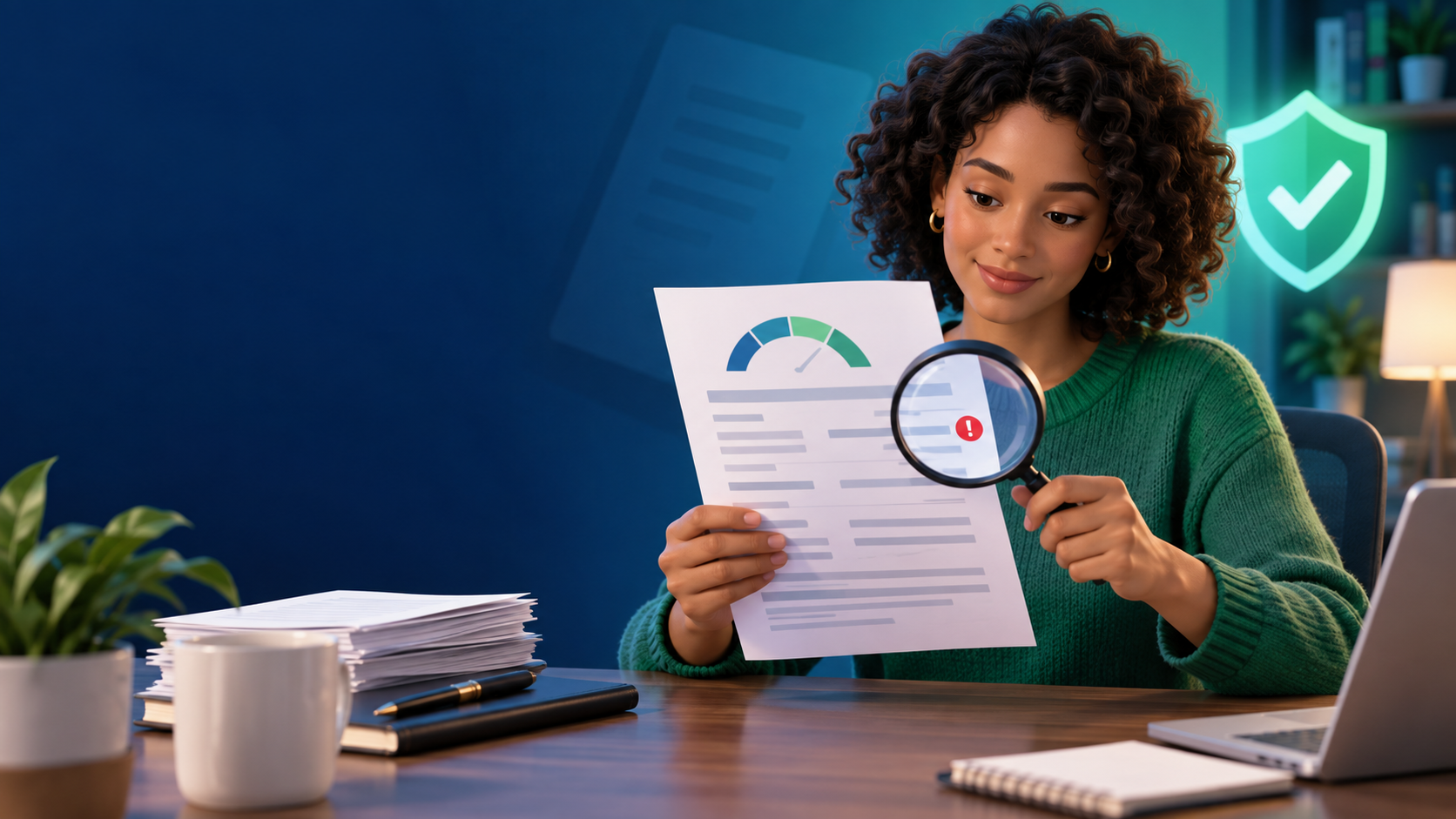 Consumer reviewing a credit report for possible errors with a magnifying glass