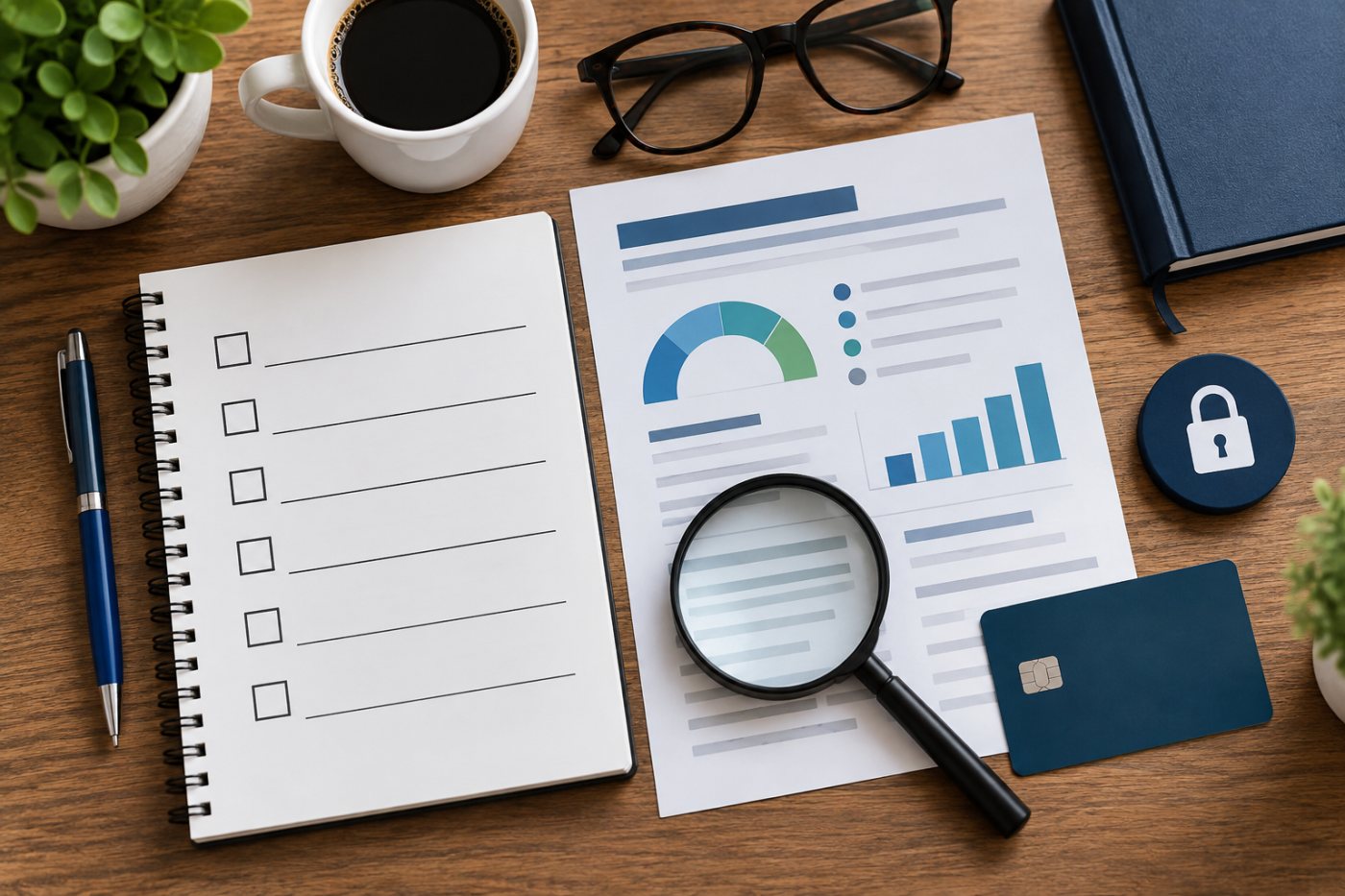 Credit report checklist with magnifying glass, abstract report page, notebook, lock icon, and card