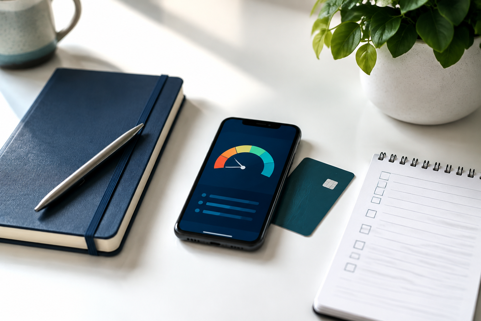 Beginner credit score checklist with a smartphone and card