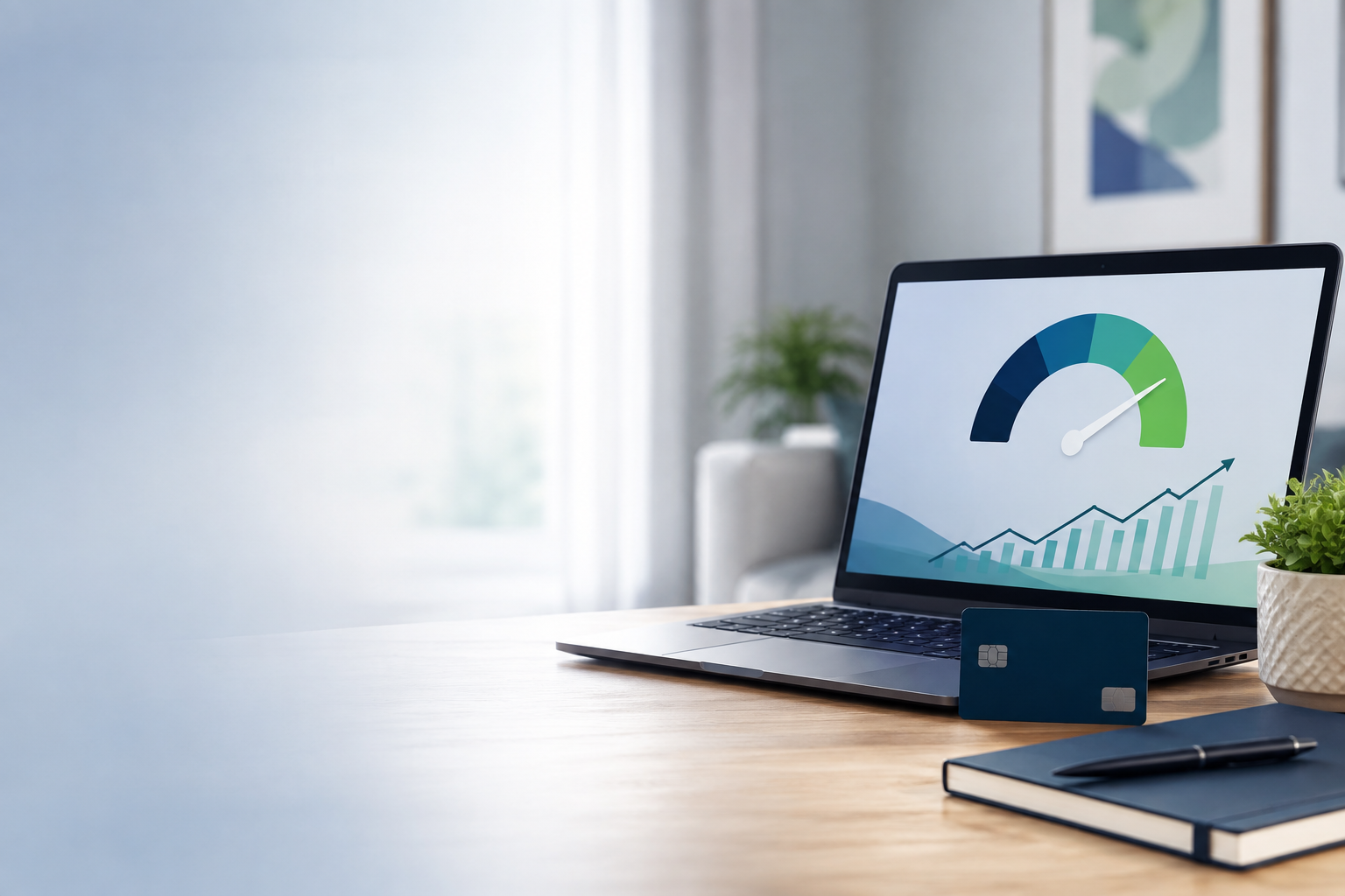 Credit scores dashboard on a laptop with a credit card