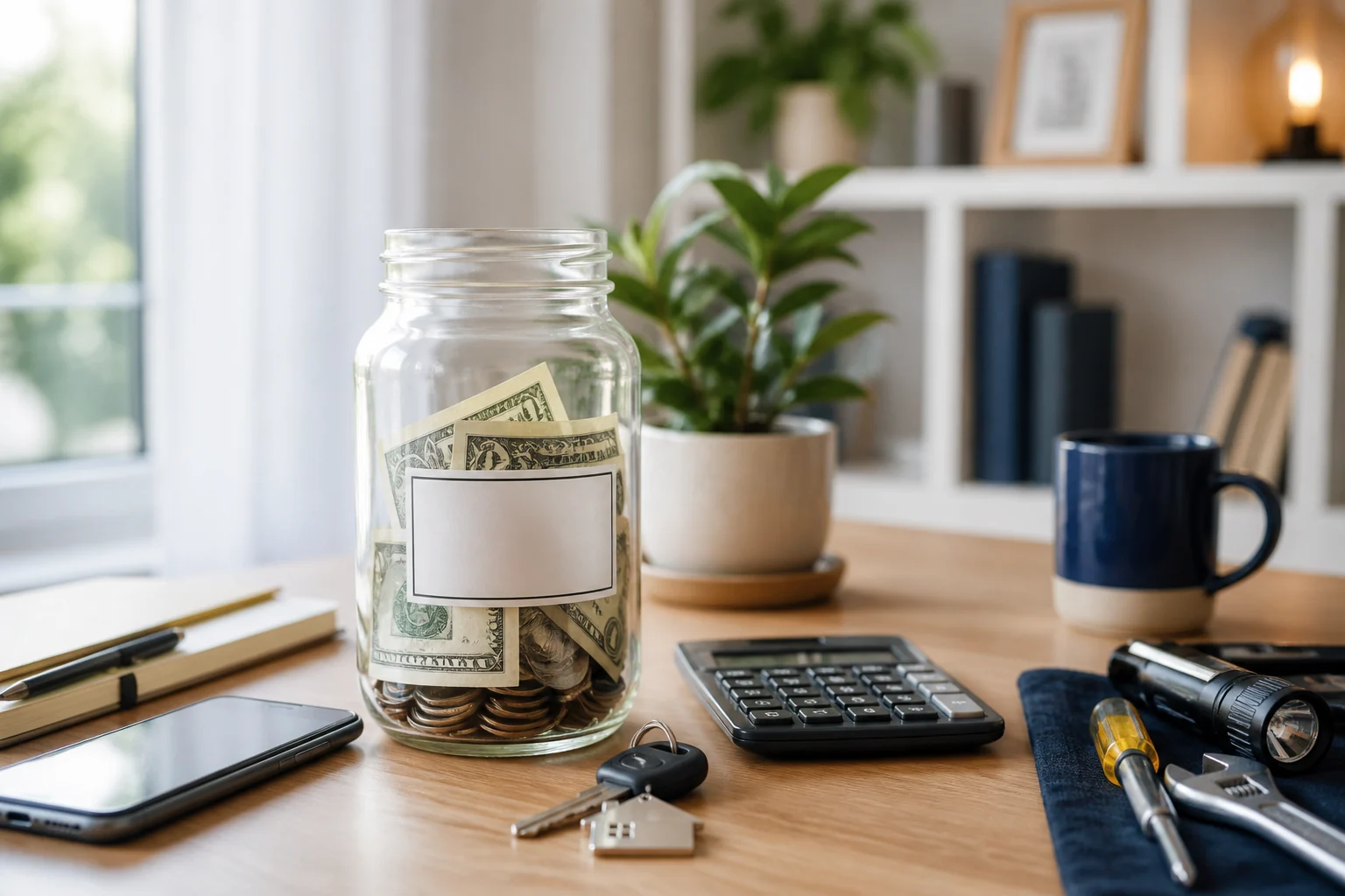 Emergency funds savings jar with calculator, house key, smartphone, and repair tools