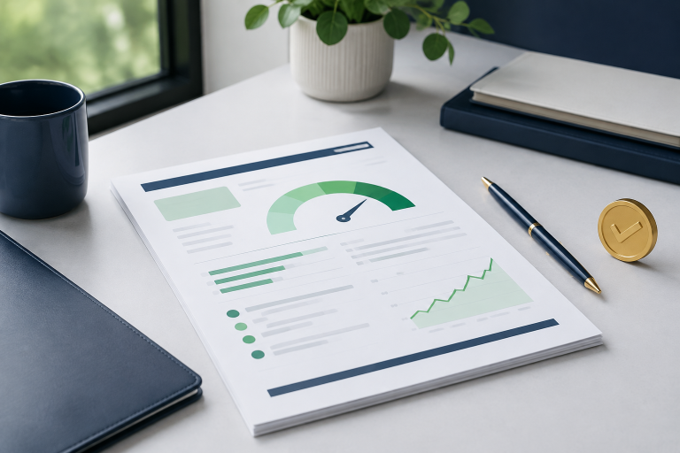 Excellent credit scores concept with a green credit gauge and gold checkmark