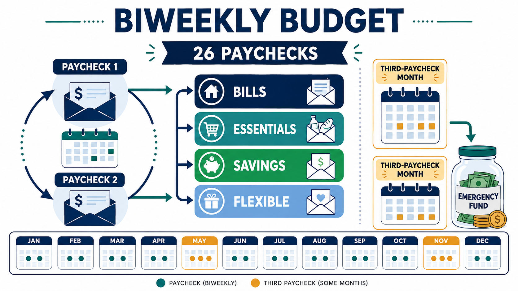 Biweekly budgeting diagram showing 26 paychecks, two regular paychecks, and third-paycheck months