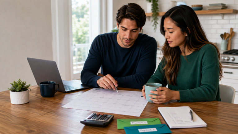 Couple creating a biweekly budget with a calendar and two paycheck envelopes