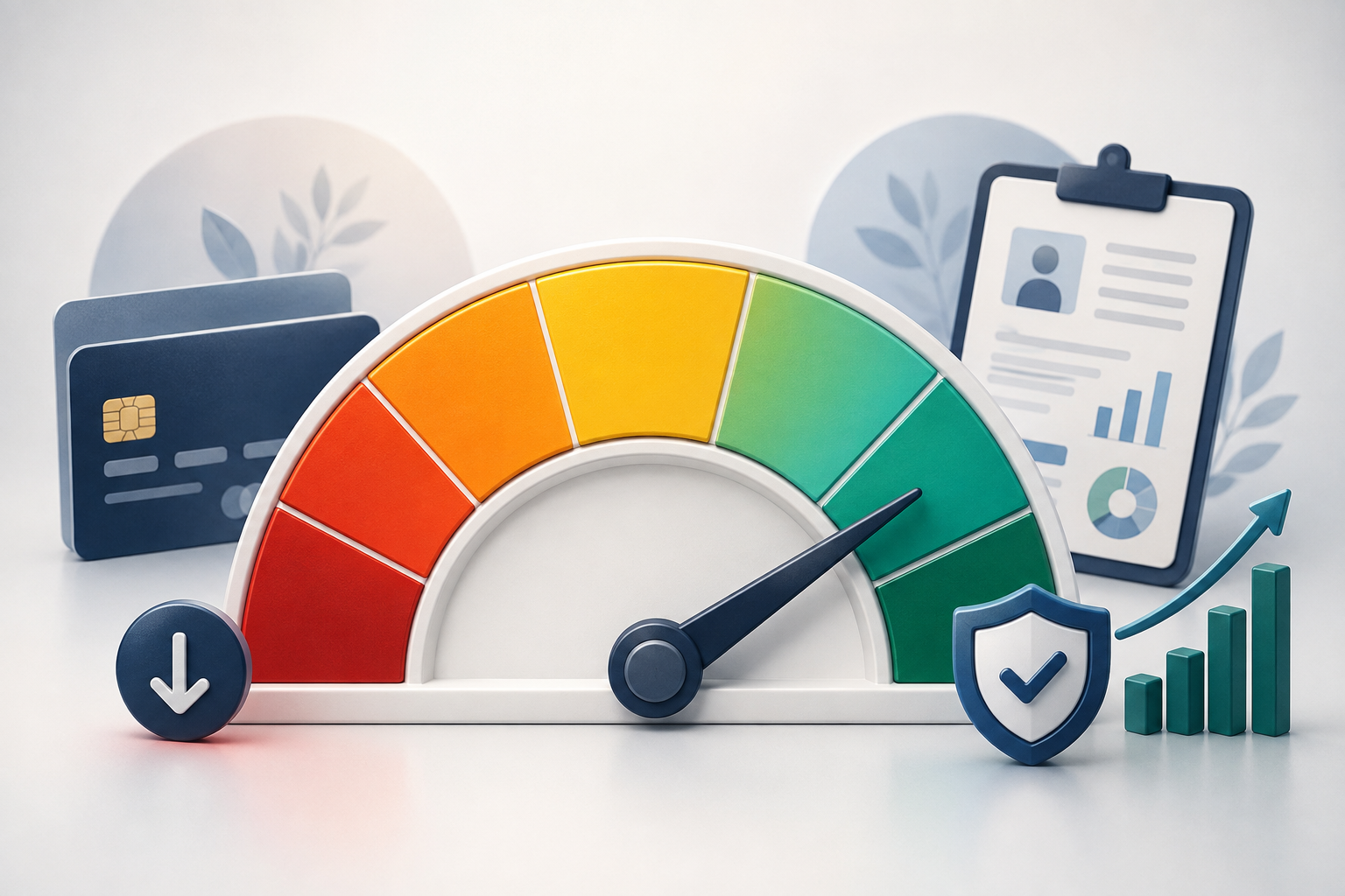 Credit score ranges gauge from low to high with credit report and security symbols