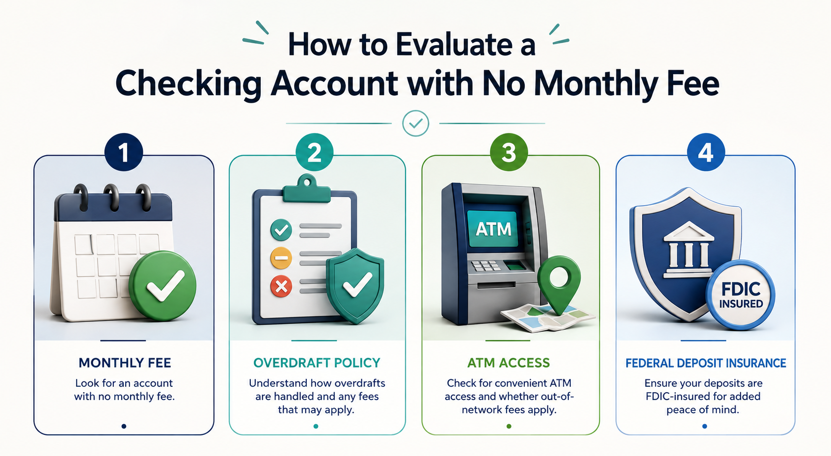 Four factors for evaluating a no-monthly-fee checking account: fees, overdraft, ATM access, and deposit insurance