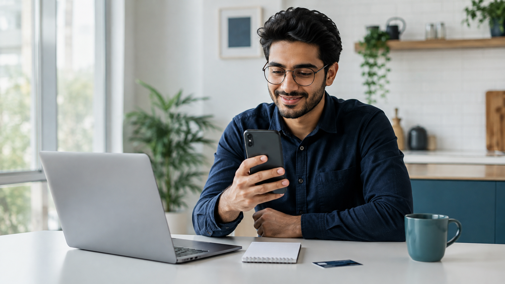 Customer reviewing a checking account with no minimum balance on a smartphone