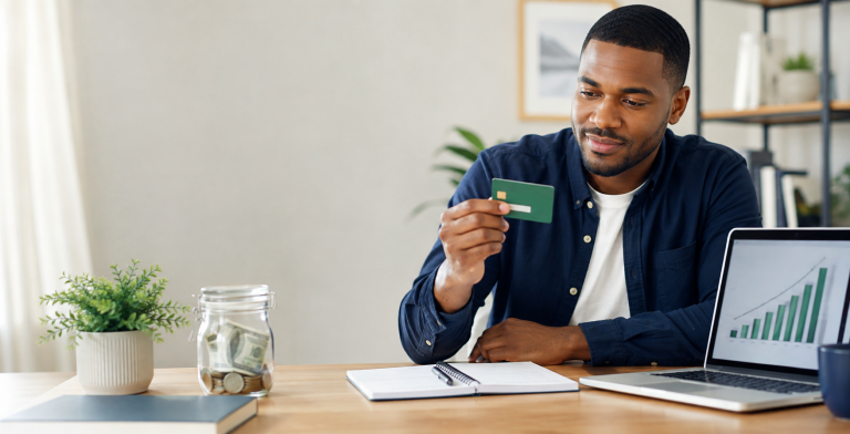 Person building credit with a secured credit card and savings deposit
