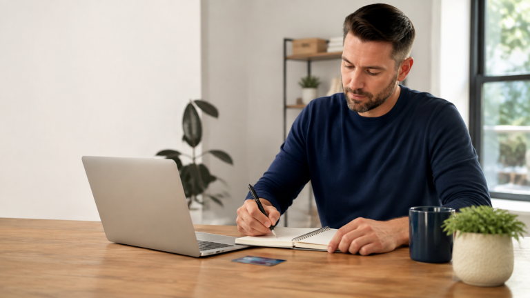 Adult reviewing a debt recovery budget after bankruptcy