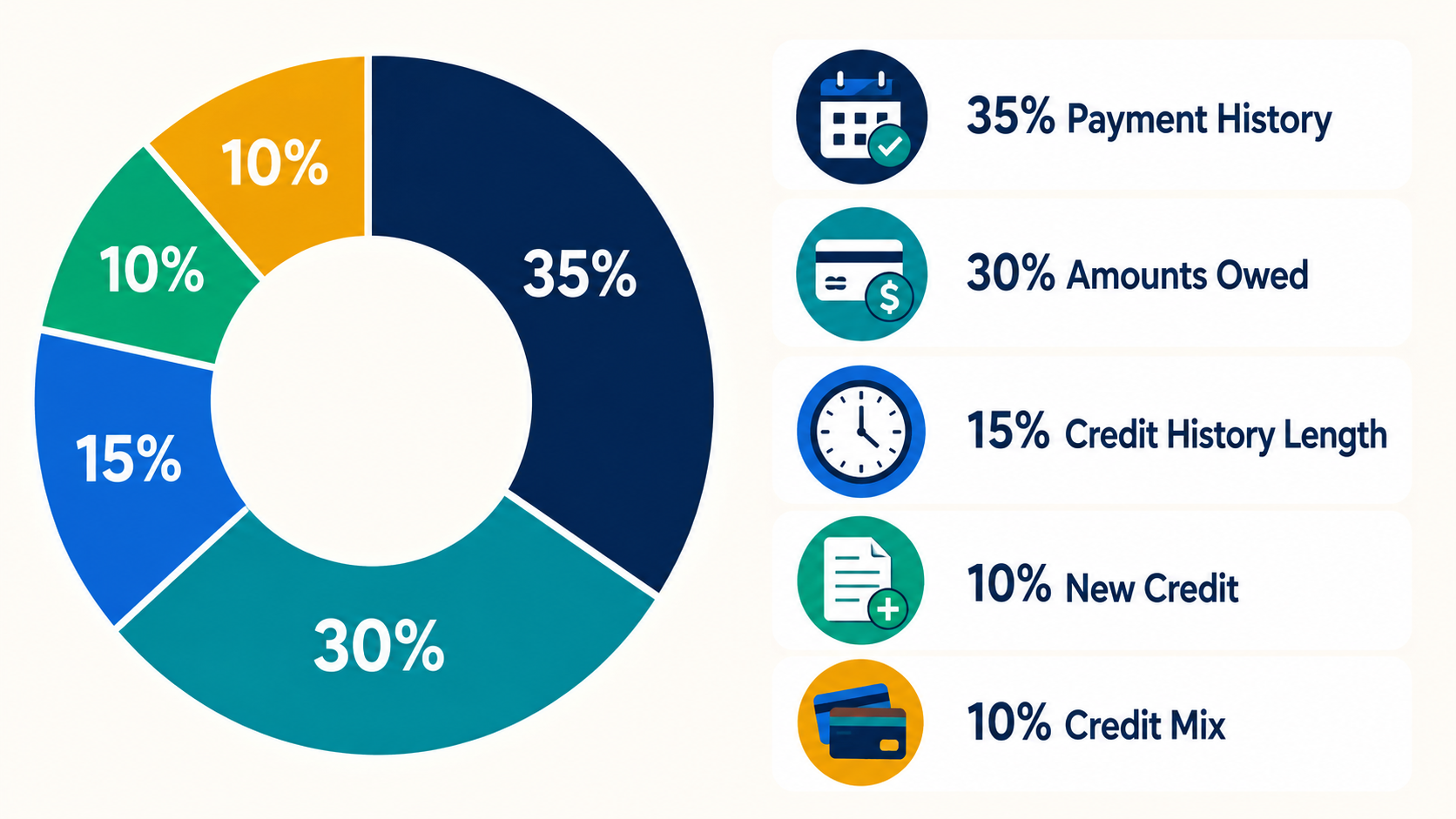 Infographic showing five FICO credit score factors and their typical weights