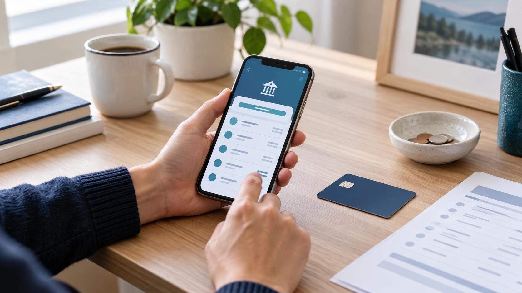 Person reviewing a free checking account on a mobile banking app beside an unbranded debit card
