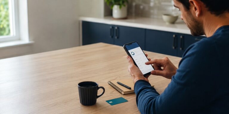 A consumer reviewing a free checking account on a mobile banking app