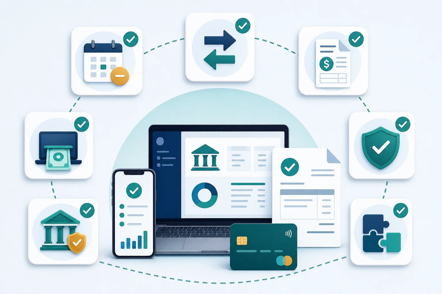 Illustrated checklist for freelancer banking fees, payments, invoices, insurance, security, and integrations