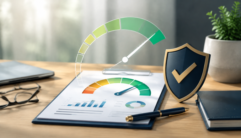 Good credit scores concept with a credit report, green gauge, and protective shield