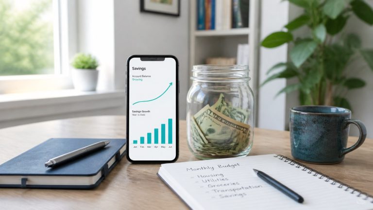 High-yield savings accounts for beginners with a savings jar and mobile banking chart