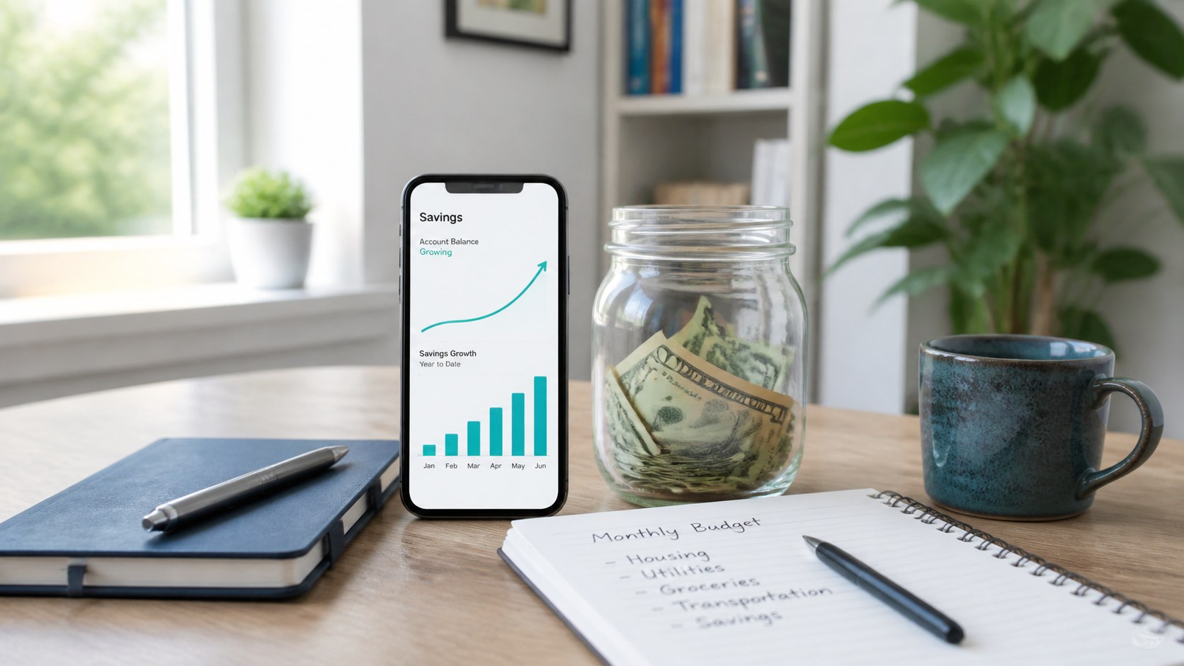 High-yield savings accounts for beginners with a savings jar and mobile banking chart