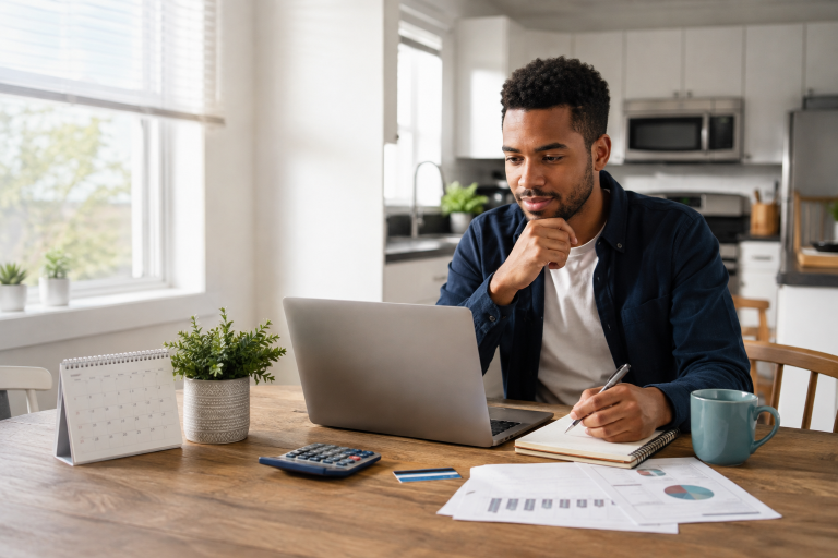 Young adult learning how to build credit at home