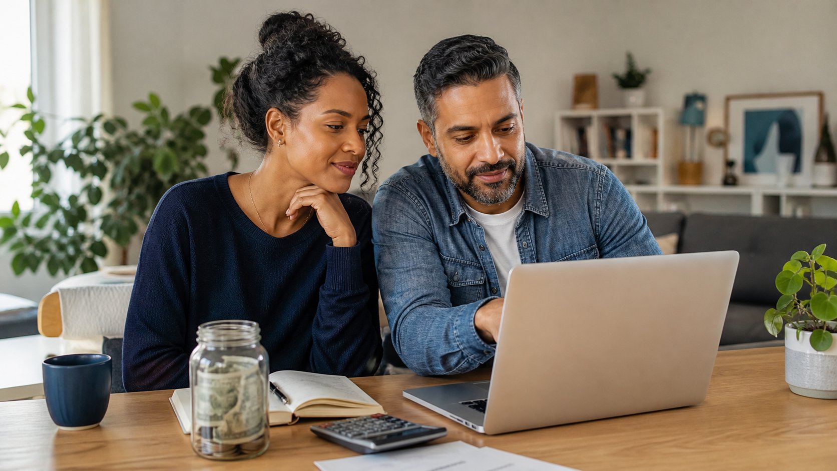 Couple reviewing a shared high-yield savings account and household budget