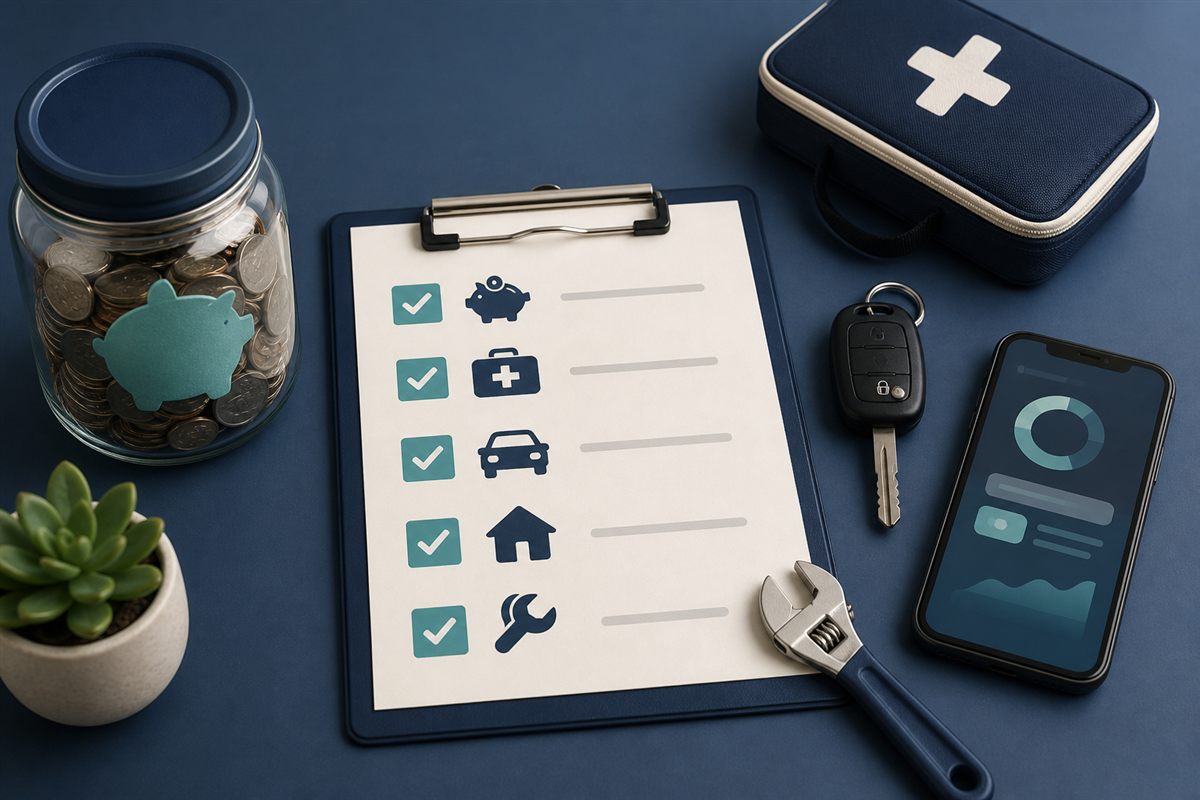 Emergency fund checklist with savings jar, first-aid kit, car key, home repair tool, and banking app