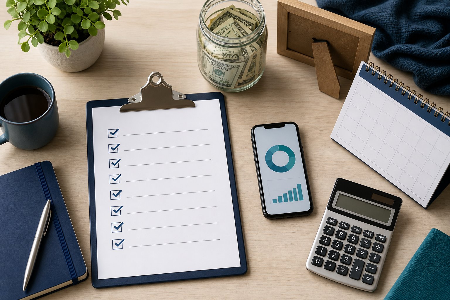 Family savings account checklist with a savings jar, calendar, and calculator