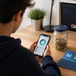 Teen reviewing a high-yield savings account on a phone beside a savings jar