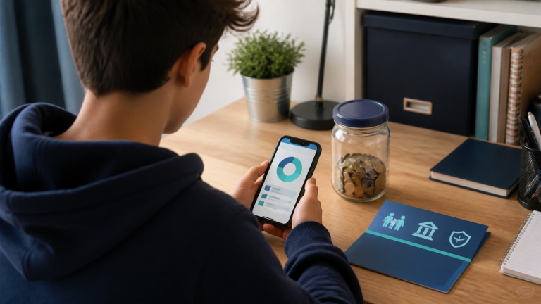 Teen reviewing a high-yield savings account on a phone beside a savings jar