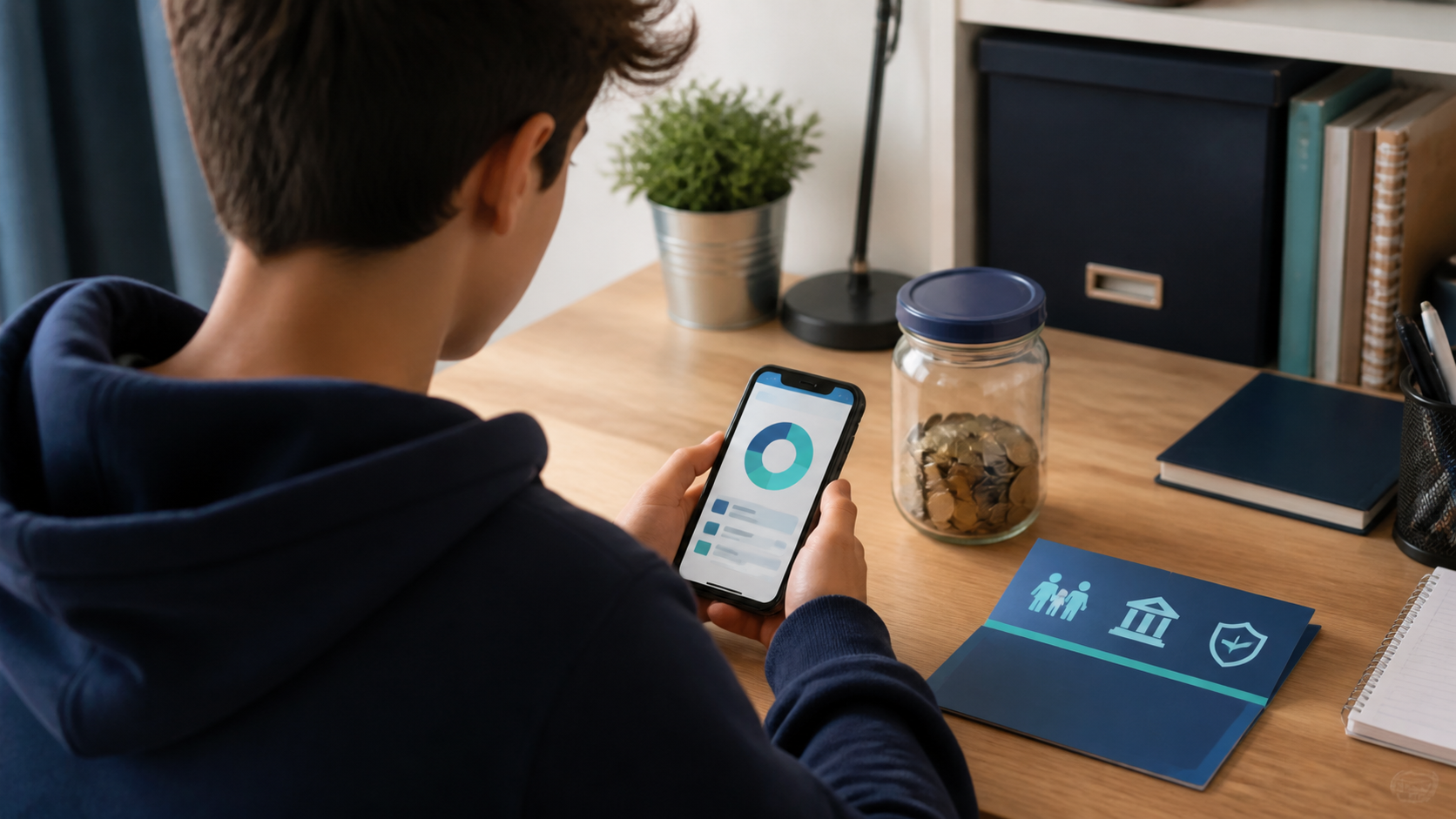 Teen reviewing a high-yield savings account on a phone beside a savings jar