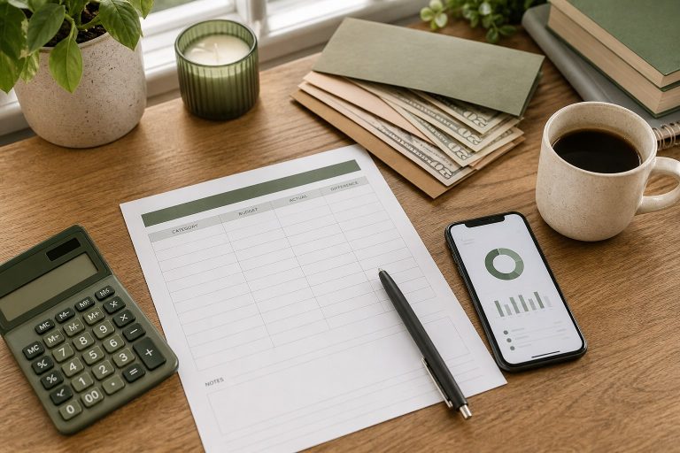 Budget worksheet, calculator, cash envelopes, and phone arranged on a home desk