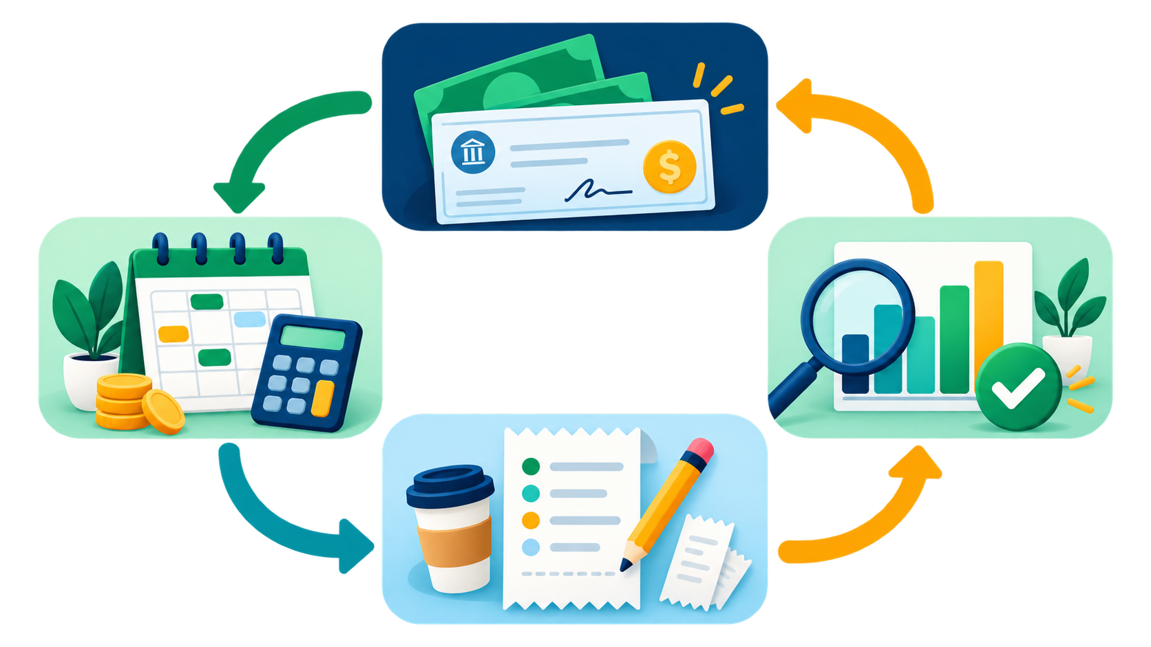 Monthly budgeting cycle showing income, planning, spending tracking, and review