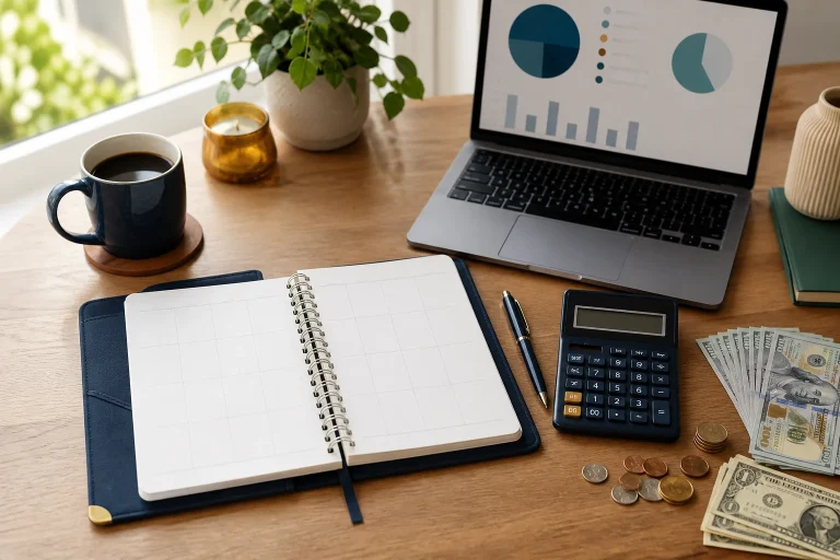 Monthly budget templates workspace with planner, calculator, laptop, and U.S. currency