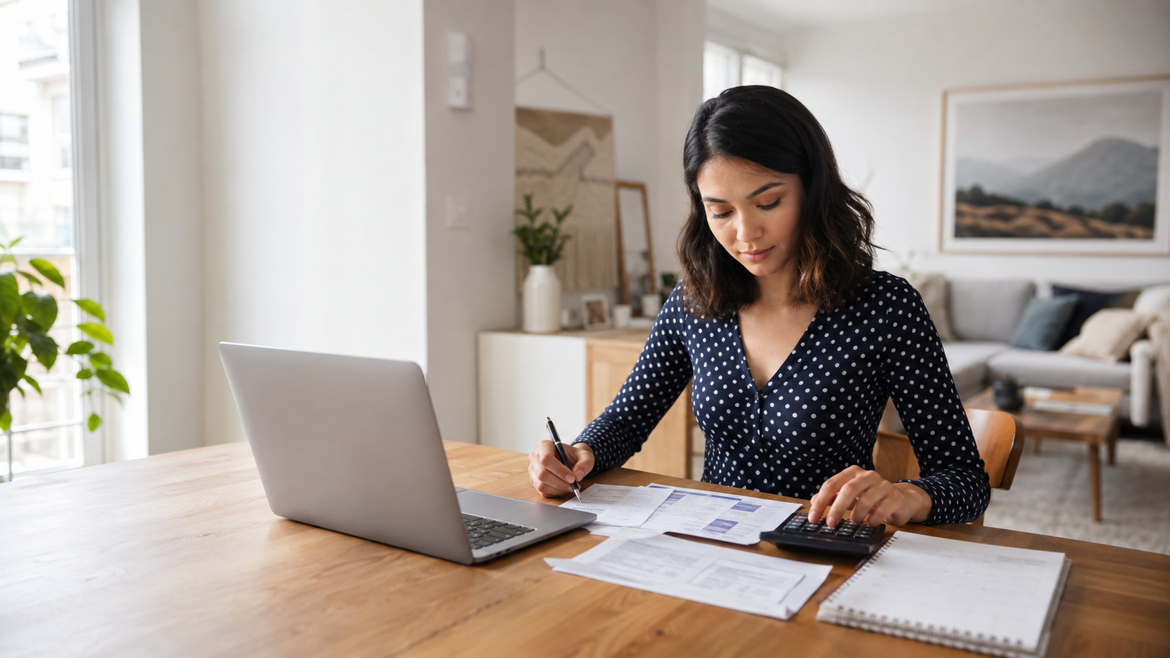Person preparing a monthly budget with a laptop, bills, and calculator