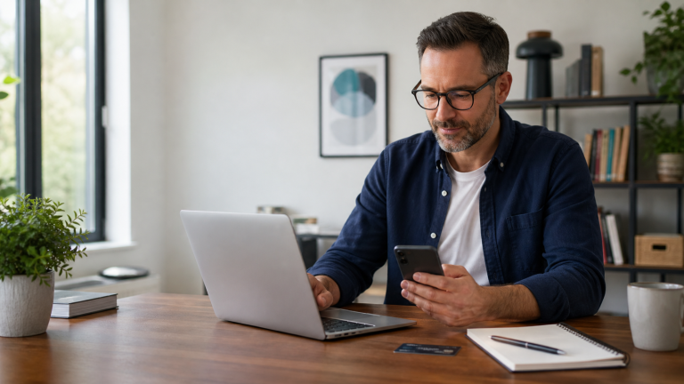 Person comparing fee-free online banking options on a laptop and smartphone
