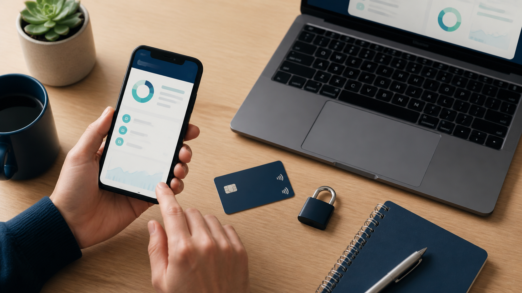 Secure online banking setup with a smartphone, laptop, debit card, and lock