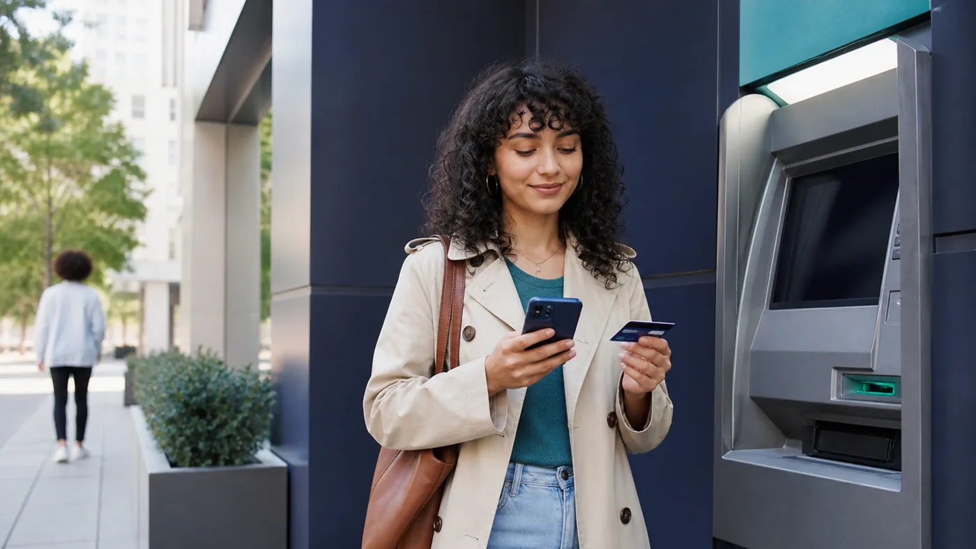 Customer using a smartphone and debit card beside a generic ATM