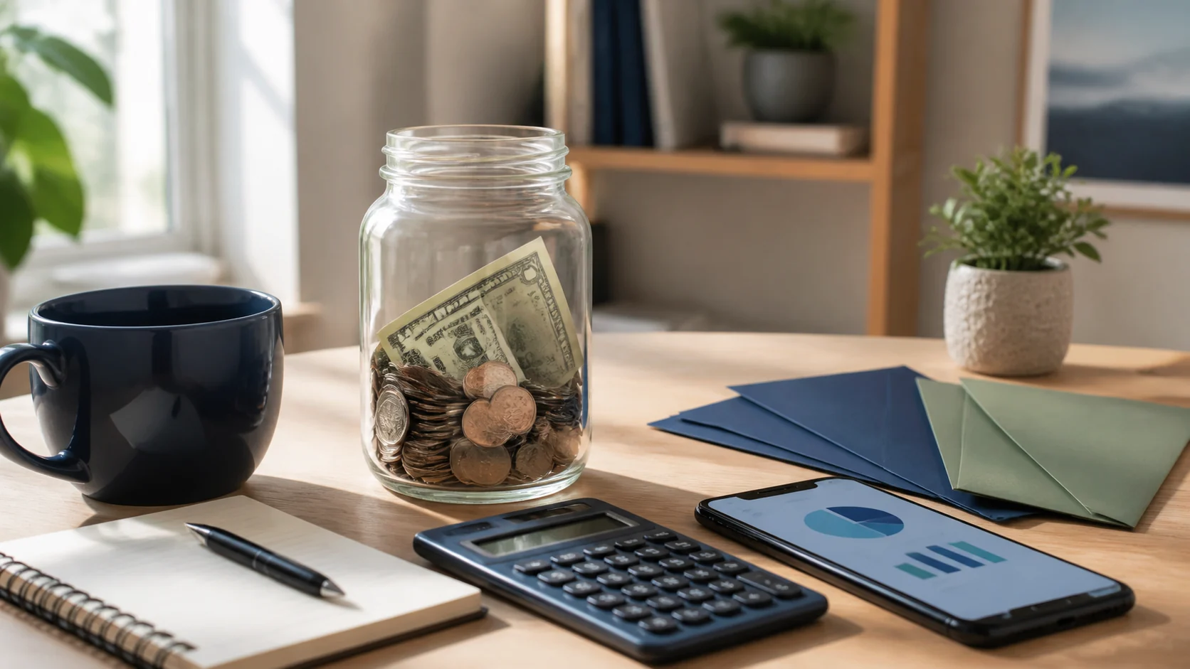 Saving money workspace with savings jar, calculator, notebook, and U.S. currency