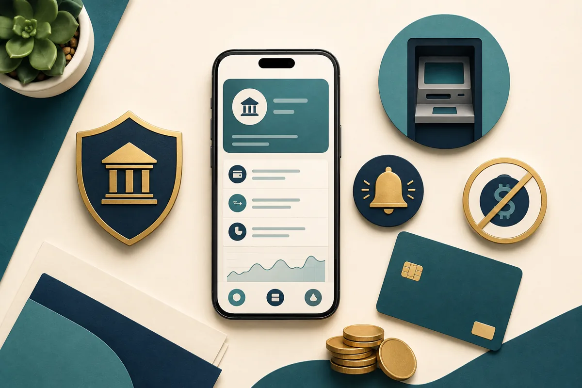 Visual checklist of online banking fees, ATM access, alerts and deposit protection