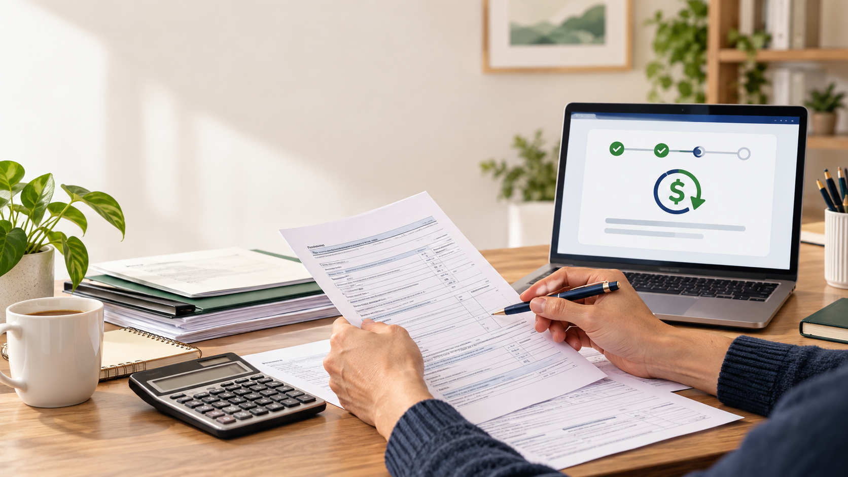 Person reviewing tax documents, a calculator, and a refund status screen
